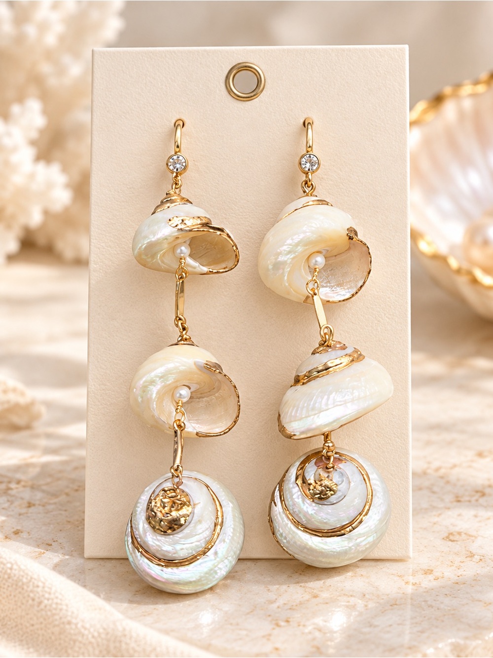 ANTHROPOLOGIE TRIPLE SEASHELLS DROP DANGLE EARRINGS GOLD TONE STATEMENT COASTAL